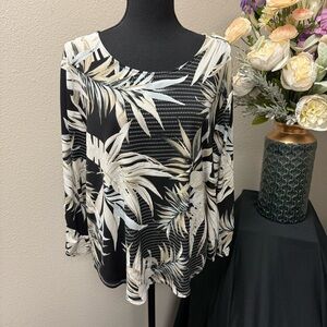 Alfred Dunner XL Palm Leaf Print Top | Black Beige Long Sleeve Stretch Blouse